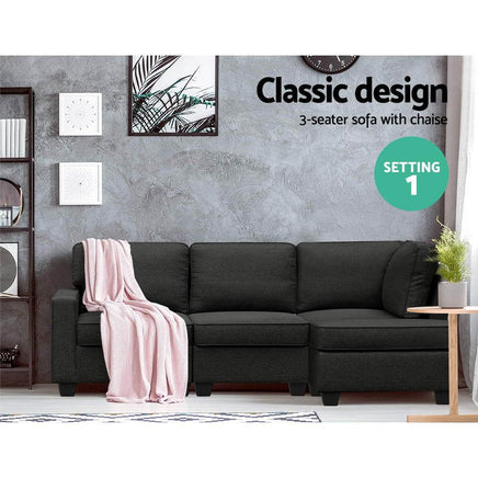 Artiss Sofa Lounge Set 4 Seater Modular Chaise Chair Couch Fabric Dark Grey Kings Warehouse 
