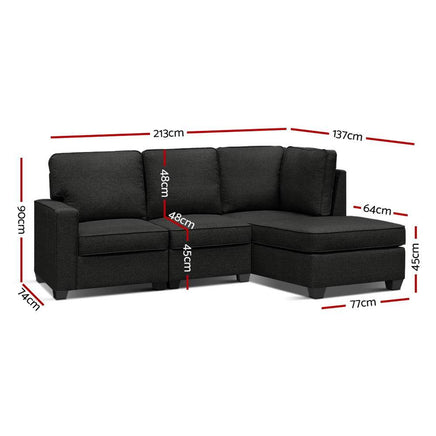 Artiss Sofa Lounge Set 4 Seater Modular Chaise Chair Couch Fabric Dark Grey Kings Warehouse 