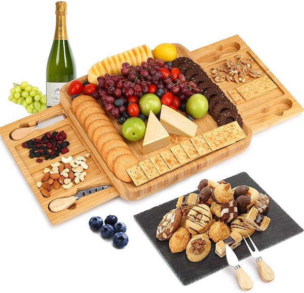 Bamboo Cheese Board with Cheese Tools, Cheese Plate Charcuterie Board  Platter Set Serving Tray for Wine Cracker Brie and Meat, Large Thick Wooden