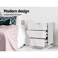 Bedside Tables Side Table RGB LED Lamp 3 Drawers Nightstand Gloss White Kings Warehouse 
