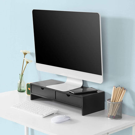 Black Monitor Stand Desk Organizer with 2 Drawers Kings Warehouse 