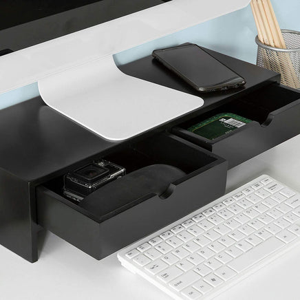 Black Monitor Stand Desk Organizer with 2 Drawers Kings Warehouse 