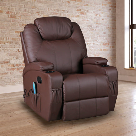 Brown Massage Sofa Chair Recliner 360 Degree Swivel PU Leather Lounge 8 Point Heated Health & Beauty > Massage Kings Warehouse 