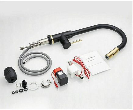 Brushed Gold Spout Matte Black pull out with spray function kitchen mixer tap faucet Kings Warehouse 