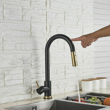 Brushed Gold Spout Matte Black pull out with spray function kitchen mixer tap faucet Kings Warehouse 