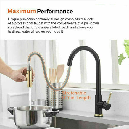 Brushed Gold Spout Matte Black pull out with spray function kitchen mixer tap faucet Kings Warehouse 