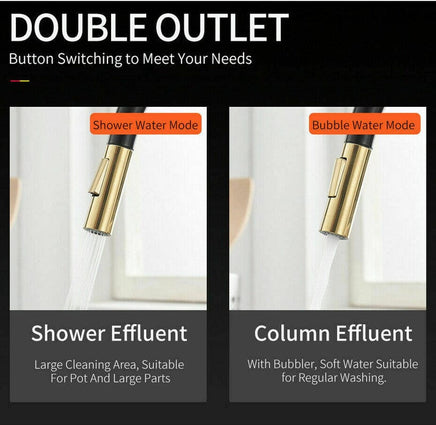 Brushed Gold Spout Matte Black pull out with spray function kitchen mixer tap faucet Kings Warehouse 
