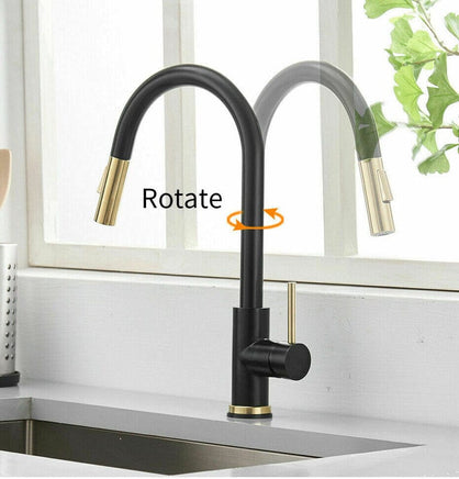 Brushed Gold Spout Matte Black pull out with spray function kitchen mixer tap faucet Kings Warehouse 