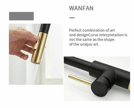 Brushed Gold Spout Matte Black pull out with spray function kitchen mixer tap faucet Kings Warehouse 