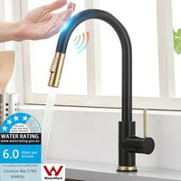 Brushed Gold Spout Matte Black pull out with spray function kitchen mixer tap faucet Kings Warehouse 