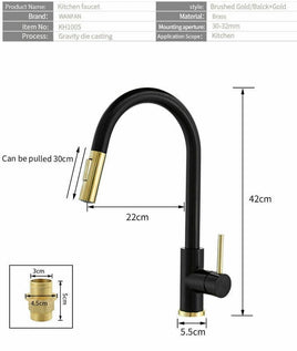 Brushed Gold Spout Matte Black pull out with spray function kitchen mixer tap faucet Kings Warehouse 