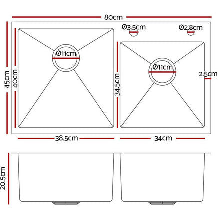 Cefito 80cm x 45cm Stainless Steel Kitchen Sink Flush/Drop-in Mount Silver DIY Kings Warehouse 