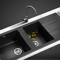 Cefito Stone Kitchen Sink 1160X500MM Granite Under/Topmount Basin Double Bowl Black DIY Kings Warehouse 