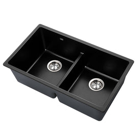 Cefito Stone Kitchen Sink 790X460MM Granite Under/Topmount Basin Double Bowl Black DIY Kings Warehouse 