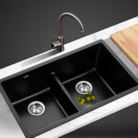 Cefito Stone Kitchen Sink 790X460MM Granite Under/Topmount Basin Double Bowl Black DIY Kings Warehouse 