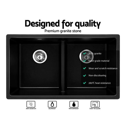 Cefito Stone Kitchen Sink 790X460MM Granite Under/Topmount Basin Double Bowl Black DIY Kings Warehouse 