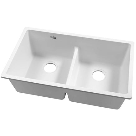 Cefito Stone Kitchen Sink 790X460MM Granite Under/Topmount Basin Double Bowl White DIY Kings Warehouse 