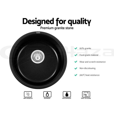 Cefito Stone Kitchen Sink Round 430MM Granite Under/Topmount Basin Bowl Laundry Black DIY Kings Warehouse 