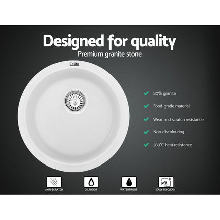 Cefito Stone Kitchen Sink Round 430MM Granite Under/Topmount Basin Bowl Laundry White Bathroom Accessories Kings Warehouse 