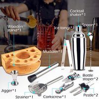 Cocktail Shaker Set Bartender Kit with Bamboo frame and 12 Pieces Stainless Steel Bar Tool Set Kings Warehouse 