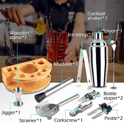 Cocktail Shaker Set Bartender Kit with Bamboo frame and 12 Pieces Stainless Steel Bar Tool Set Kings Warehouse 