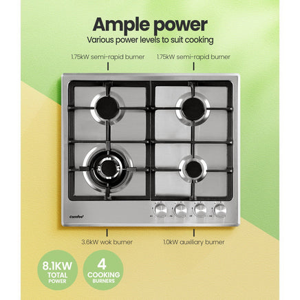 Comfee 60cm Gas Cooktop Stainless Steel 4 Burners Kitchen Stove Cook Top NG LPG Appliances Supplies Kings Warehouse 