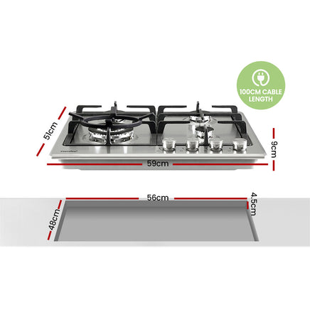 Comfee 60cm Gas Cooktop Stainless Steel 4 Burners Kitchen Stove Cook Top NG LPG Appliances Supplies Kings Warehouse 