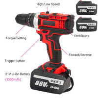 Cordless Drill w/2 Battery Heavy Duty Impact Driver Kit Brushless Hammer Set 88V Kings Warehouse 