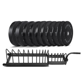 CORTEX 150kg Black Series V2 Rubber Olympic Bumper Plate Set 50mm with 16 Plate Toaster Rack Kings Warehouse 