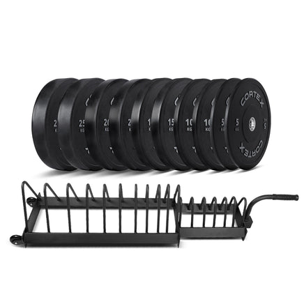 CORTEX 150kg Black Series V2 Rubber Olympic Bumper Plate Set 50mm with 16 Plate Toaster Rack Kings Warehouse 