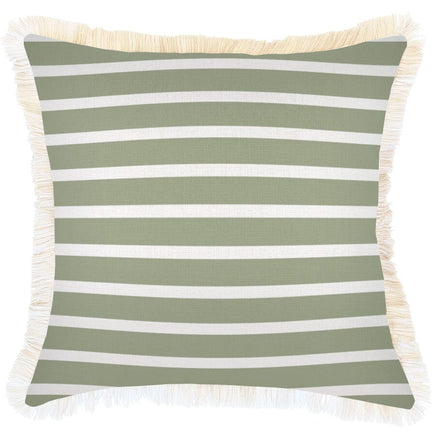 Cushion Cover-Coastal Fringe-Hampton Stripe Sage-45cm x 45cm Kings Warehouse 