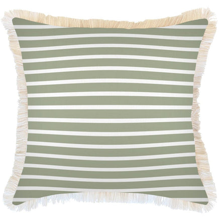 Cushion Cover-Coastal Fringe-Hampton Stripe Sage-60cm x 60cm Kings Warehouse 
