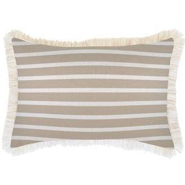 Cushion Cover-Coastal Fringe Natural-Hampton Stripe Beige-35cm x 50cm Kings Warehouse 
