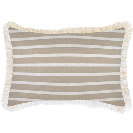 Cushion Cover-Coastal Fringe Natural-Hampton Stripe Beige-35cm x 50cm Kings Warehouse 