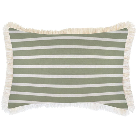 Cushion Cover-Coastal Fringe Natural-Hampton Stripe Sage-35cm x 50cm Kings Warehouse 