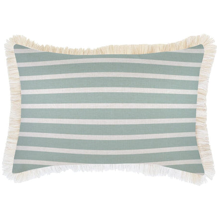 Cushion Cover-Coastal Fringe Natural-Hampton Stripe Seafoam-35cm x 50cm Kings Warehouse 