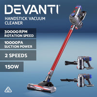 Devanti Handheld Vacuum Cleaner Cordless Stick Handstick Vac Bagless 2-Speed Headlight Red Kings Warehouse 