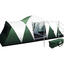 Family Camping Tent 12 Person Hiking Beach Tents (3 Rooms) Green Camping Supplies Kings Warehouse