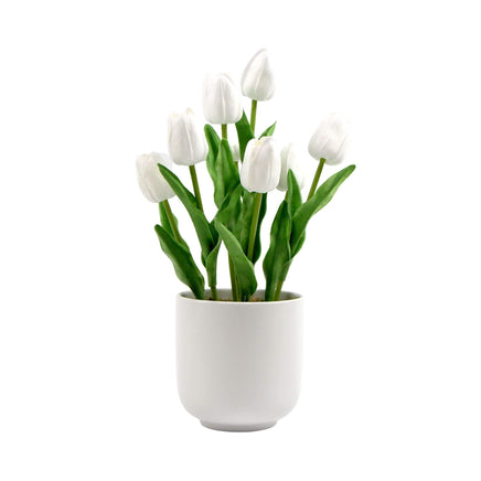 Flowering White Artificial Tulip Plant Arrangement With Ceramic Bowl 35cm Kings Warehouse 