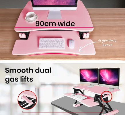 Fortia Desk Riser 90cm Wide Adjustable Sit to Stand for Dual Monitor, Keyboard, Laptop, Pink Kings Warehouse 
