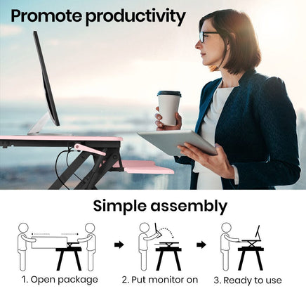 Fortia Desk Riser 90cm Wide Adjustable Sit to Stand for Dual Monitor, Keyboard, Laptop, Pink Kings Warehouse 