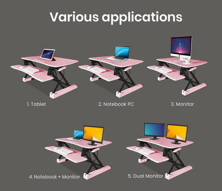 Fortia Desk Riser 90cm Wide Adjustable Sit to Stand for Dual Monitor, Keyboard, Laptop, Pink Kings Warehouse 