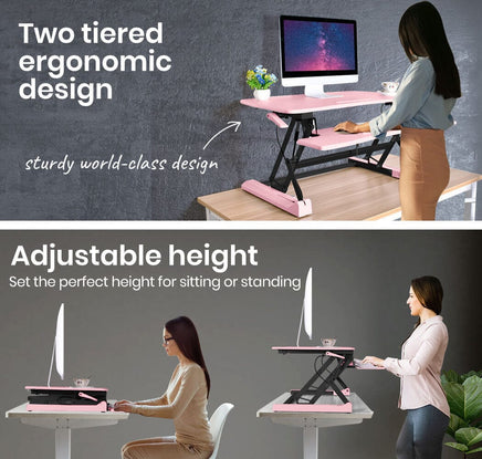 Fortia Desk Riser 90cm Wide Adjustable Sit to Stand for Dual Monitor, Keyboard, Laptop, Pink Kings Warehouse 