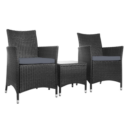 Gardeon 3 Piece Wicker Outdoor Furniture Set - Black Outdoor Furniture Kings Warehouse 