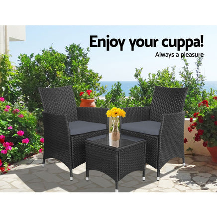 Gardeon 3 Piece Wicker Outdoor Furniture Set - Black Outdoor Furniture Kings Warehouse 