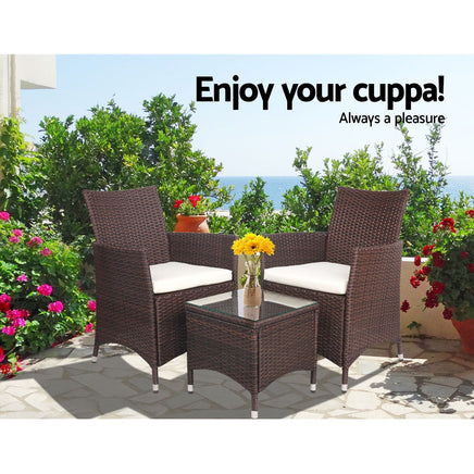 Gardeon 3 Piece Wicker Outdoor Furniture Set - Brown Outdoor Furniture Kings Warehouse 