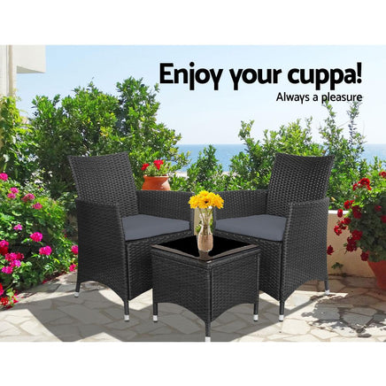 Gardeon 3pc Bistro Wicker Outdoor Furniture Set Black Outdoor Furniture Kings Warehouse 