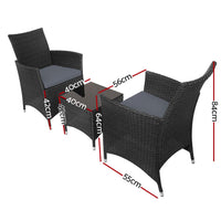 Gardeon 3pc Bistro Wicker Outdoor Furniture Set Black Outdoor Furniture Kings Warehouse 