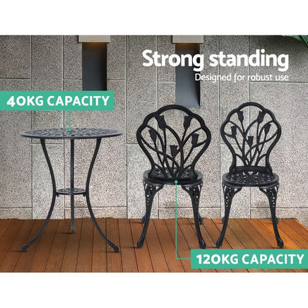 Gardeon 3PC Outdoor Setting Cast Aluminium Bistro Table Chair Patio Black Outdoor Furniture Kings Warehouse 
