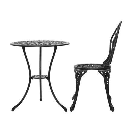 Gardeon 3PC Outdoor Setting Cast Aluminium Bistro Table Chair Patio Black Outdoor Furniture Kings Warehouse 